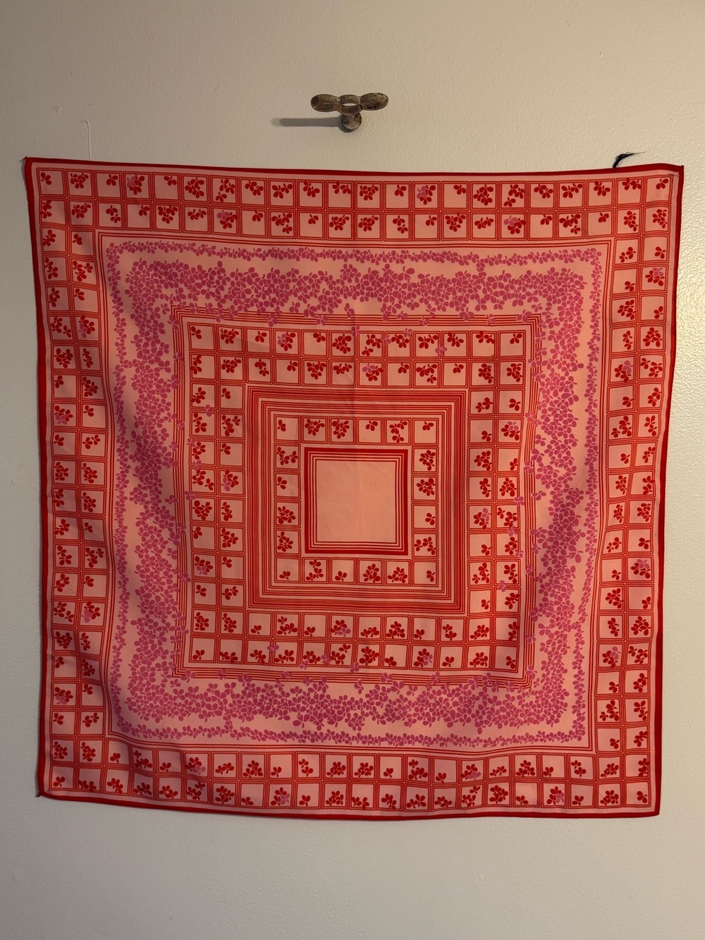 Vintage Red and Pink Geometric and Floral Square Scarf.